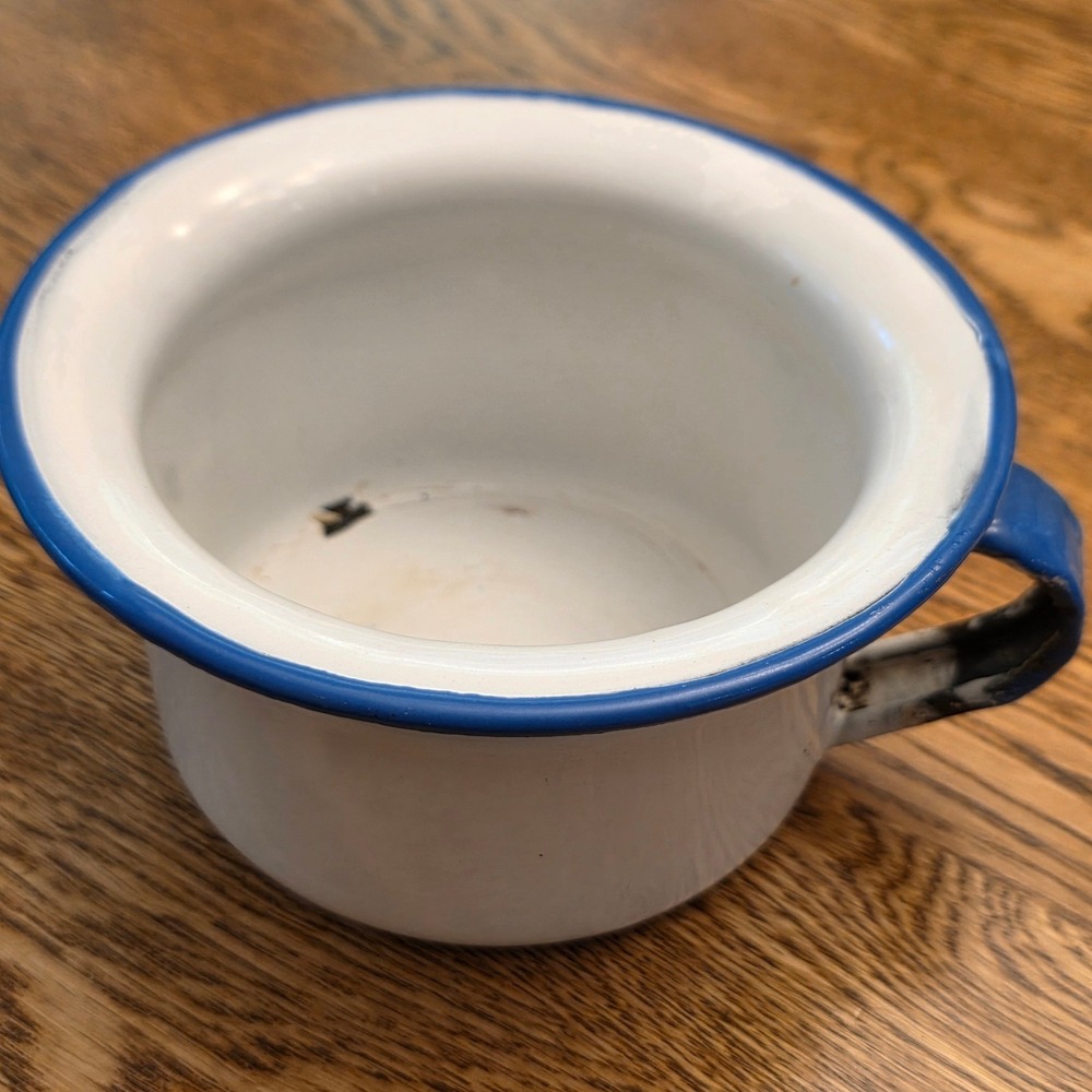 Vintage White Enamelware Childrens Chamber Pot Trim Handle Farmhouse Decor Bowl